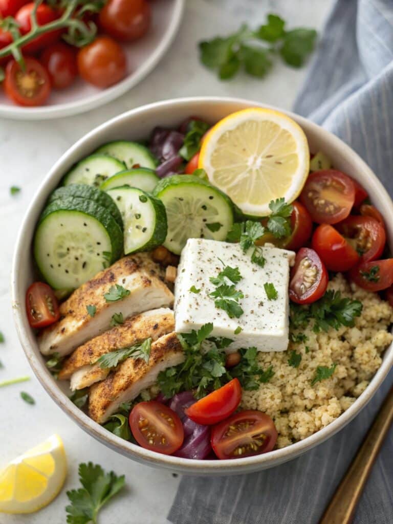 Mediterranean quinoa bowl with chicken and feta