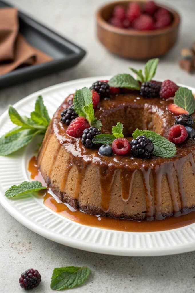 Full chocoflan cake garnished with caramel and fruit