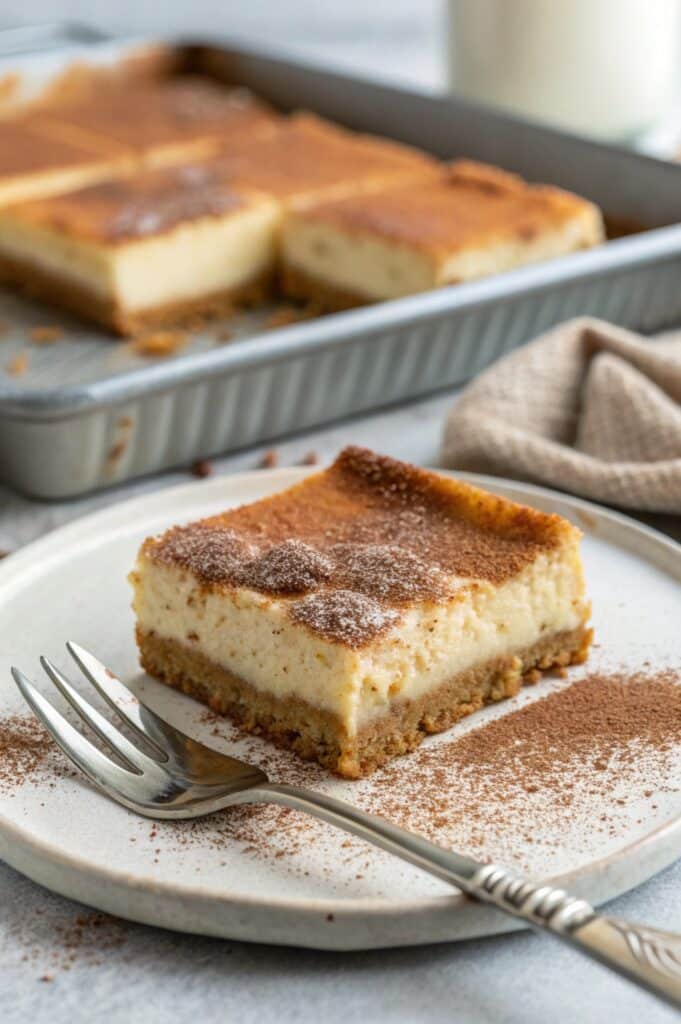slice of churro cheesecake bar on plate
