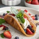 Plated churro dessert taco with fresh toppings