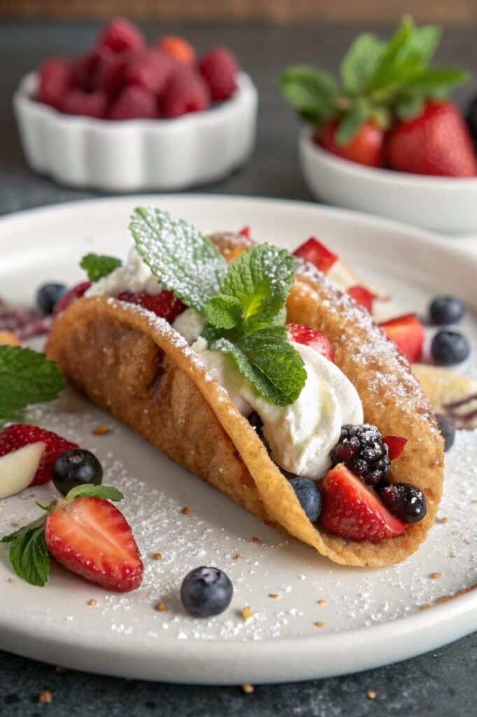 Plated churro dessert taco with fresh toppings