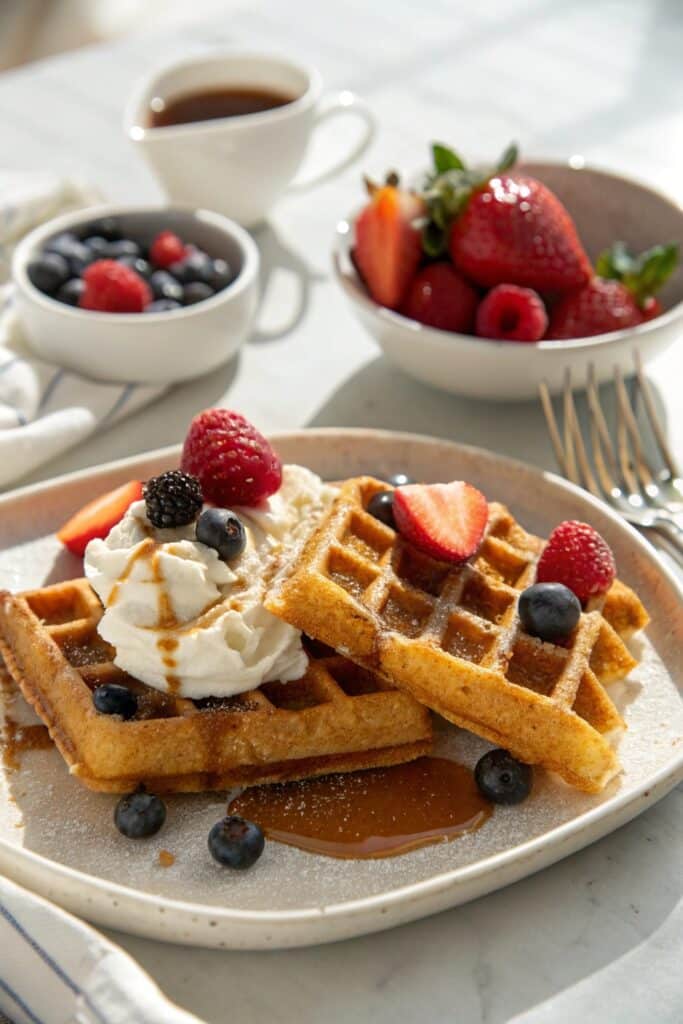 Churro waffles with berries and whipped cream