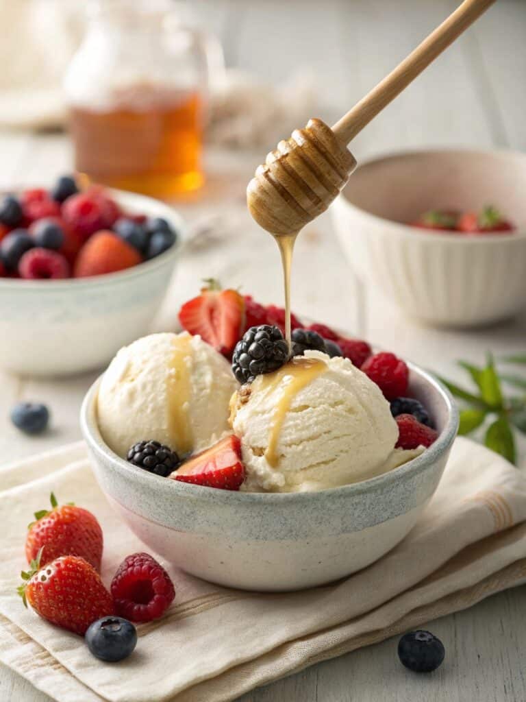 Bowl of creamy cottage cheese ice cream with toppings