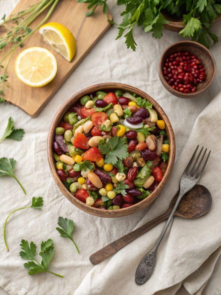 Dense bean salad in rustic bowl with herbs and lemon