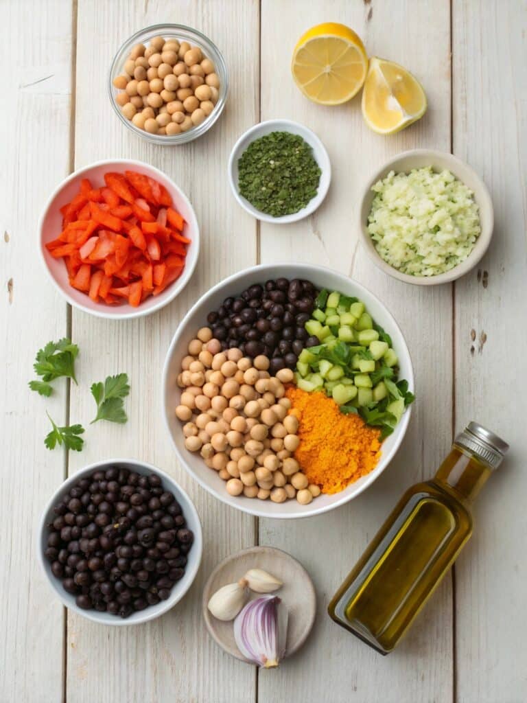 Ingredients for dense bean salad laid out flat