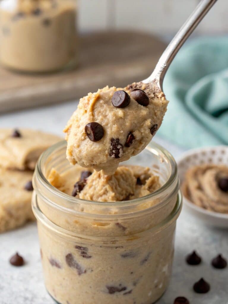 Edible protein cookie dough in a jar with chocolate chips