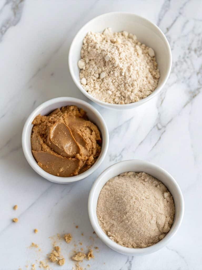 Protein powder, nut butter, and oat flour in bowls