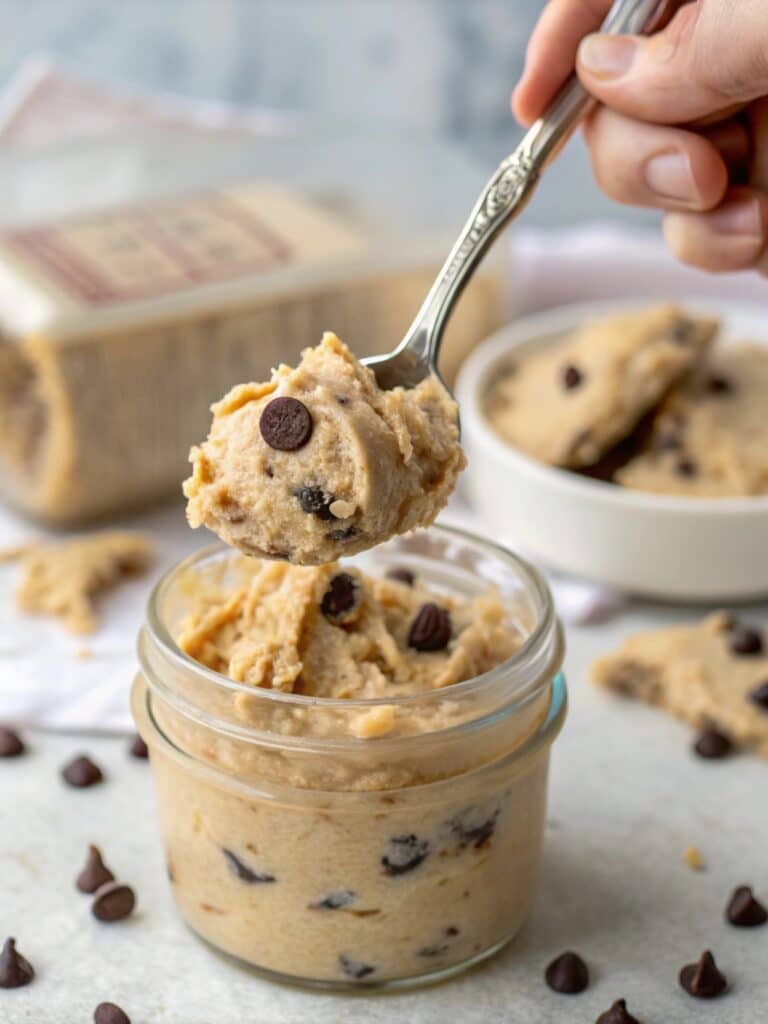Spoonful of edible protein cookie dough with chocolate chips