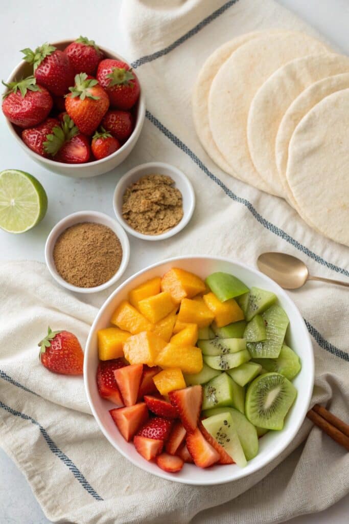 Ingredients for fruit salsa and cinnamon tortilla chips
