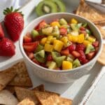 Served fruit salsa and cinnamon chips