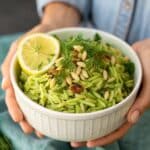 Served portion of green lemon orzo salad