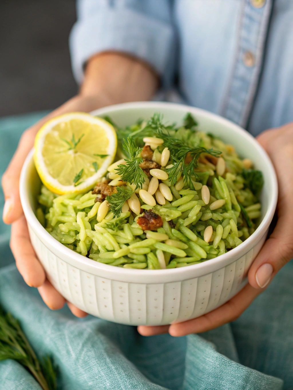 Served portion of green lemon orzo salad