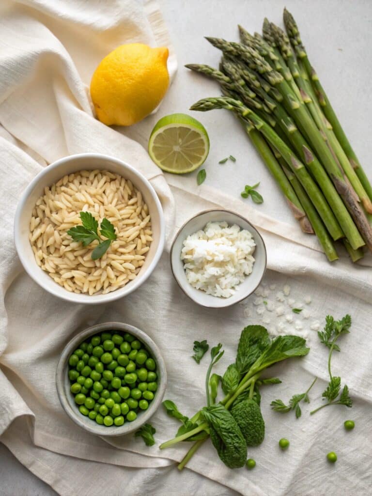 Ingredients for lemon orzo salad on counter