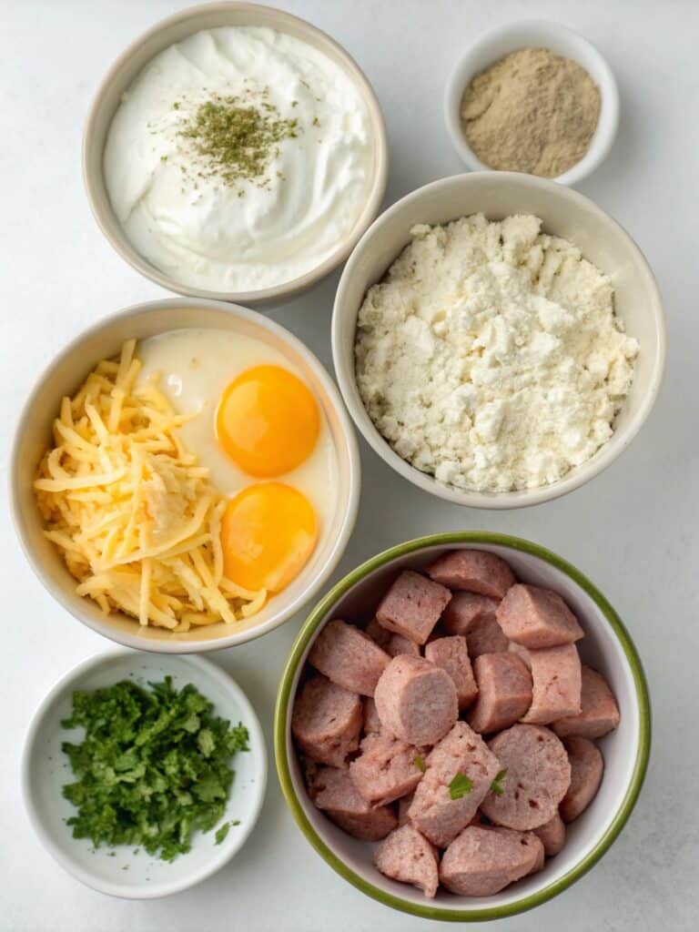 Ingredients for high-protein pizza breakfast biscuits on counter
