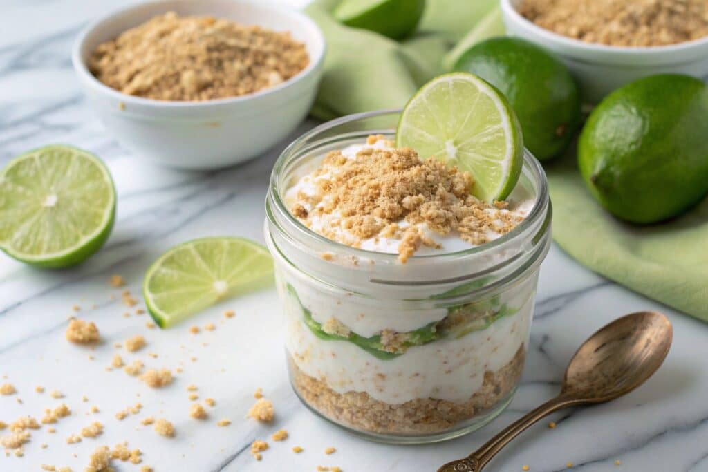 Creamy key lime pie oats in a breakfast jar