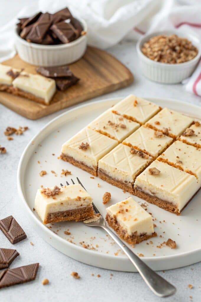 Serving no-bake Kinder cheesecake bar