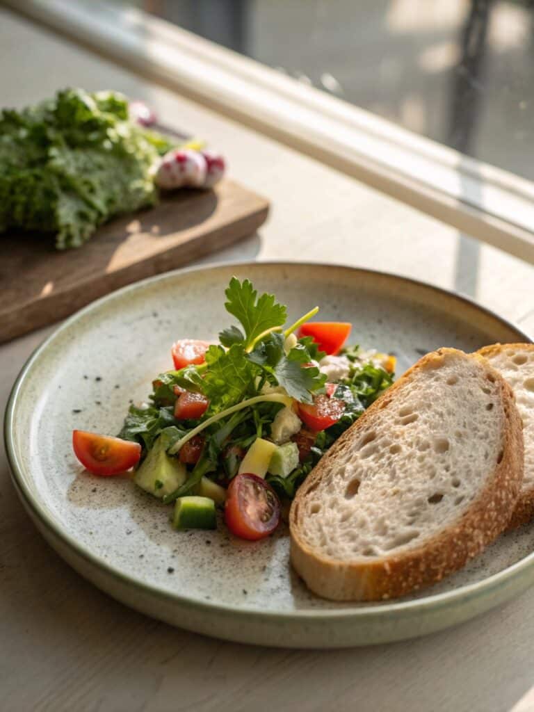 Plated Mediterranean White Bean Chopped Salad with bread