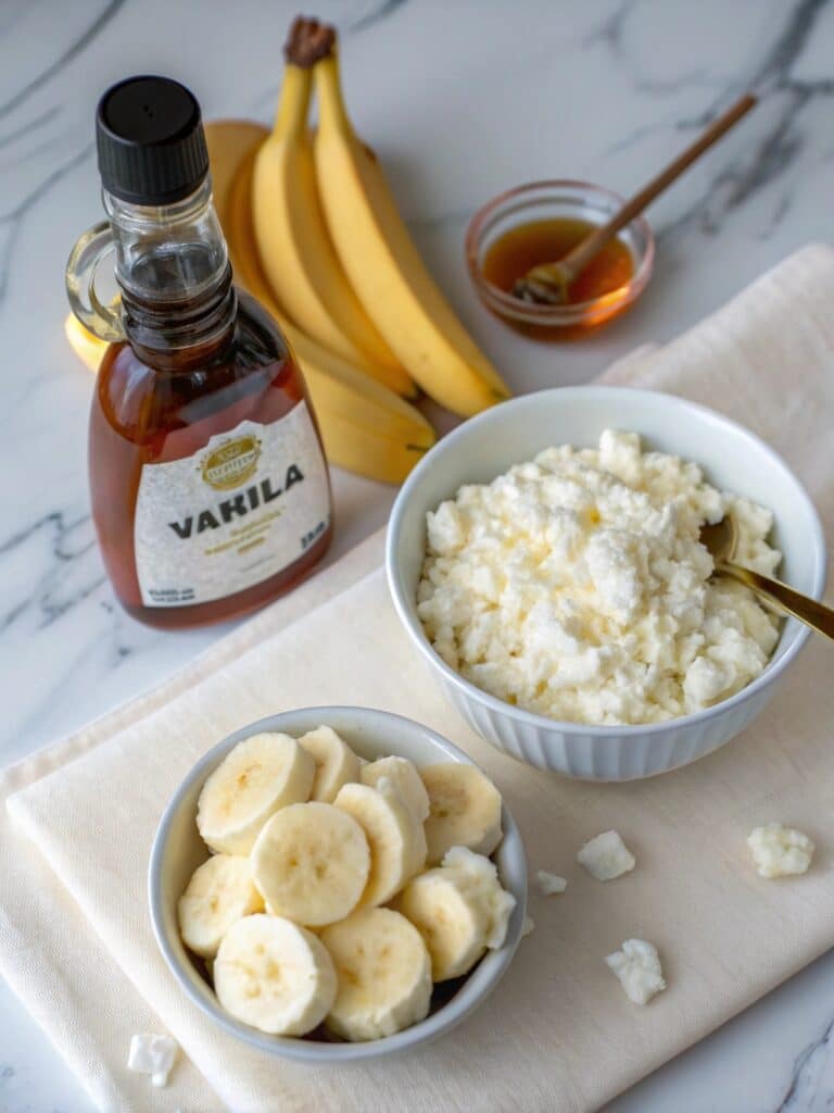 Ingredients for cottage cheese ice cream on kitchen counter