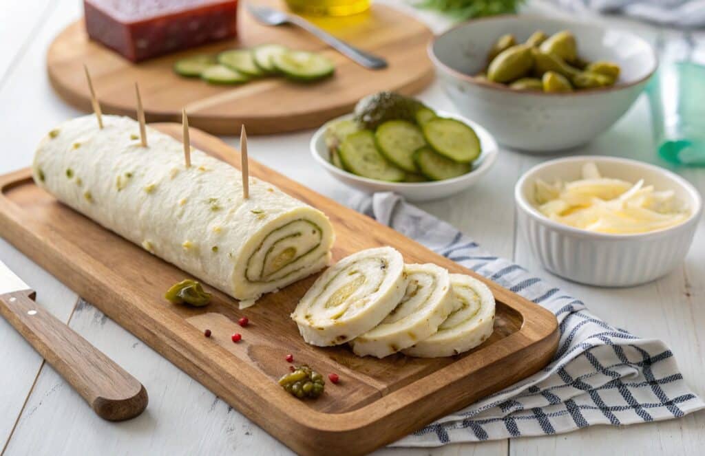 Sliced pickle in a blanket on serving board