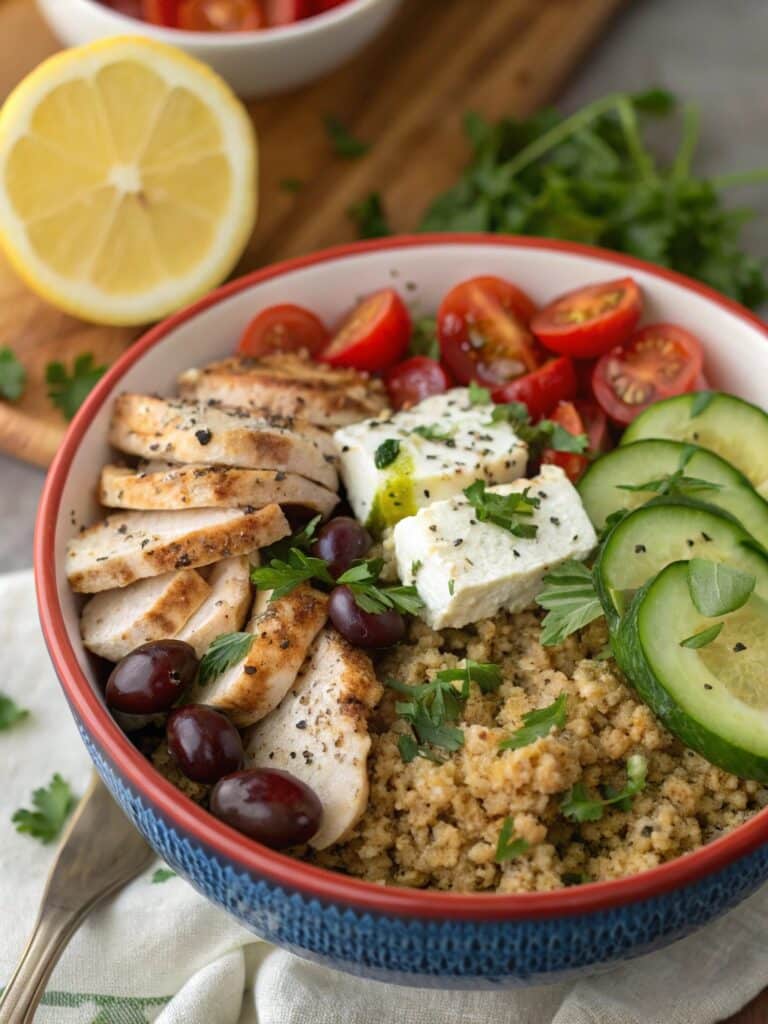 Baked feta chicken quinoa bowls with fresh herbs and lemon