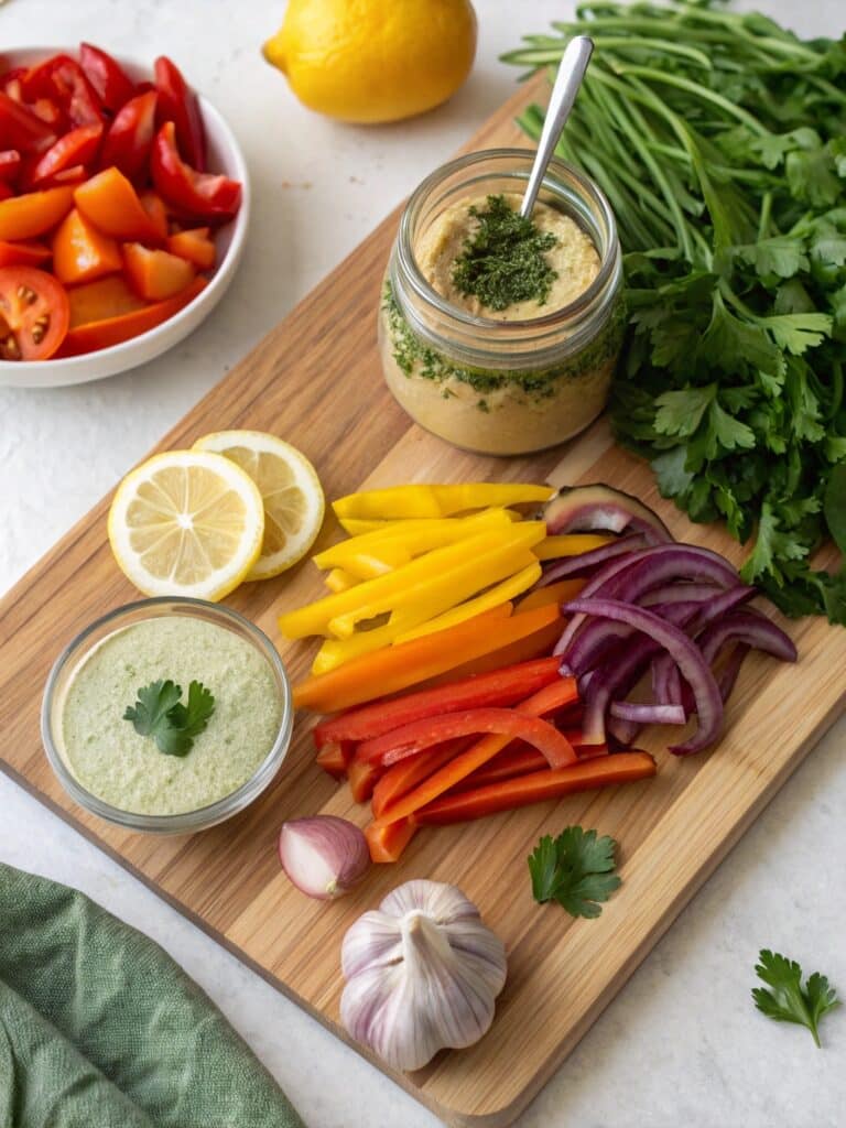 Ingredients for rainbow veggies and green tahini sauce