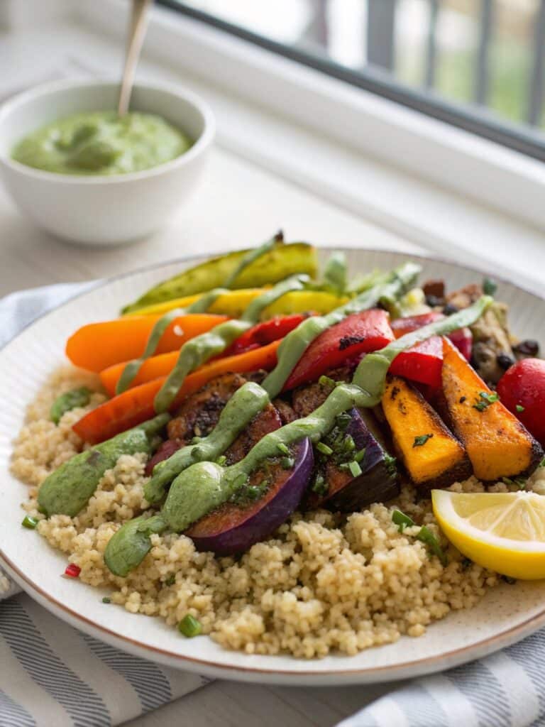 Rainbow roasted veggies with green tahini on sheet pan