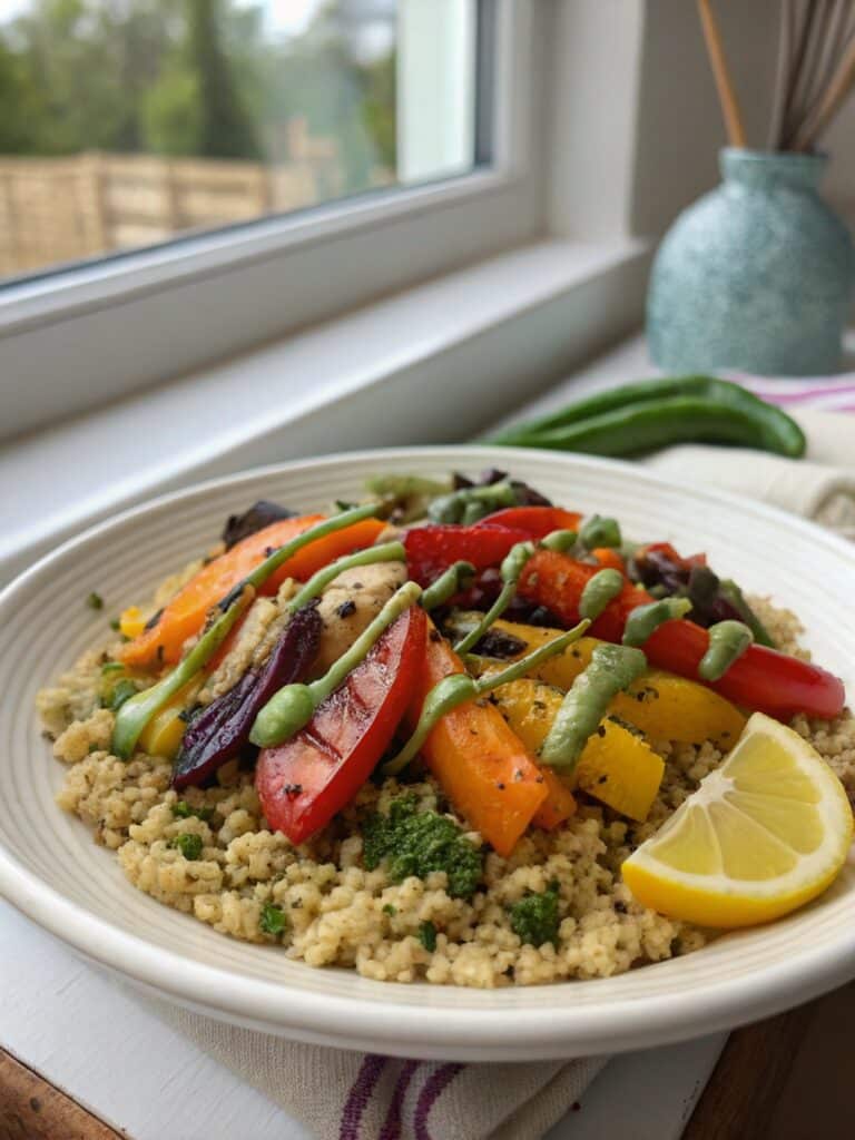Rainbow veggie quinoa bowl with green tahini