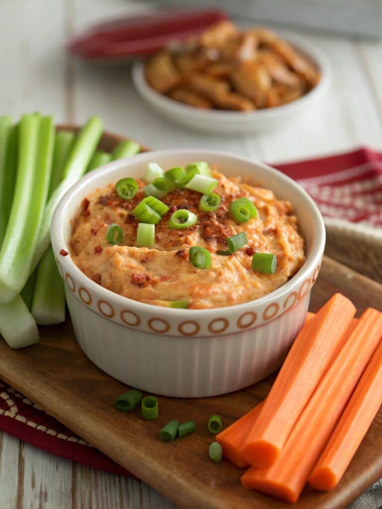 Serving of buffalo chicken dip with veggies
