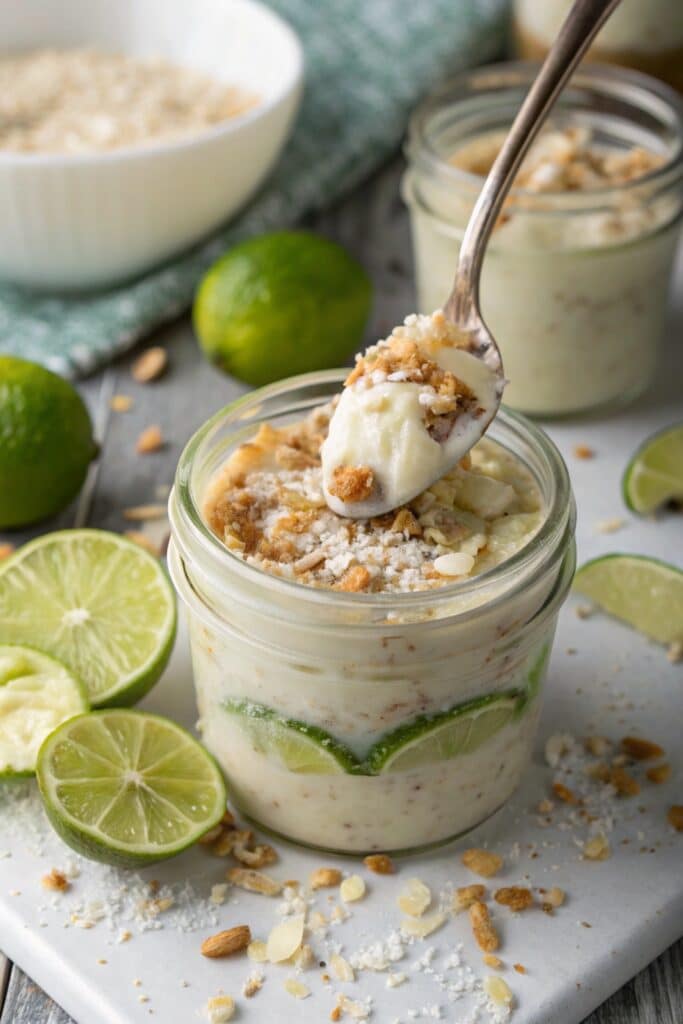 Key lime pie overnight oats in a jar with toppings