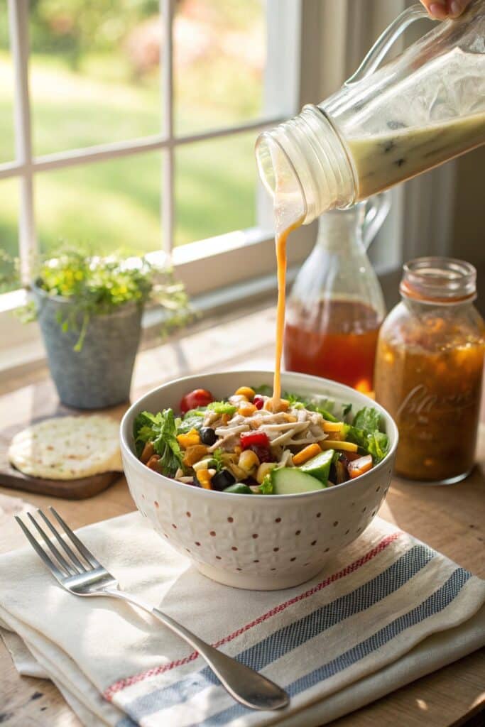 served mason jar salad with dressing
