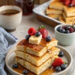 Plated sheet pan pancake squares with fresh toppings