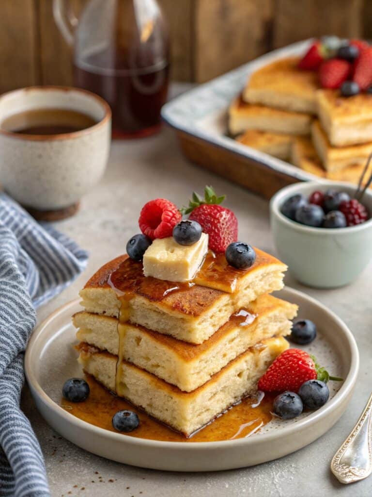 Plated sheet pan pancake squares with fresh toppings