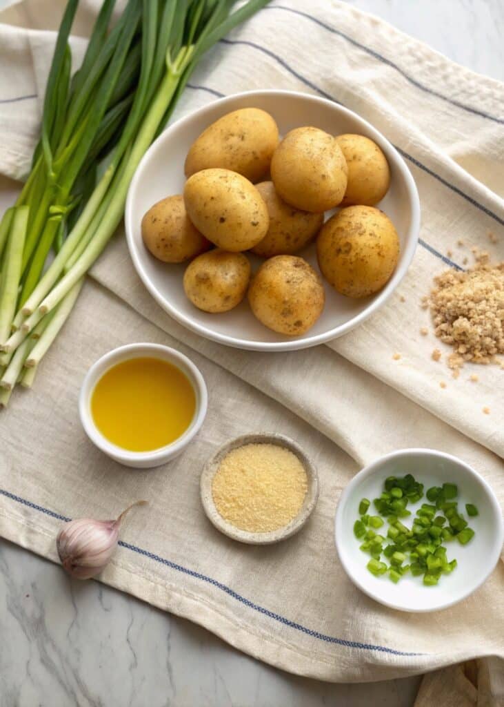 Prep ingredients include baby potatoes, scallions, and basic seasonings