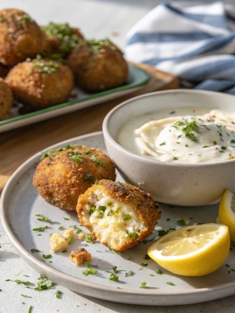 Served potato bombs with yogurt dip