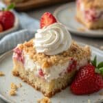 Served slice of strawberry crunch tres leches cake