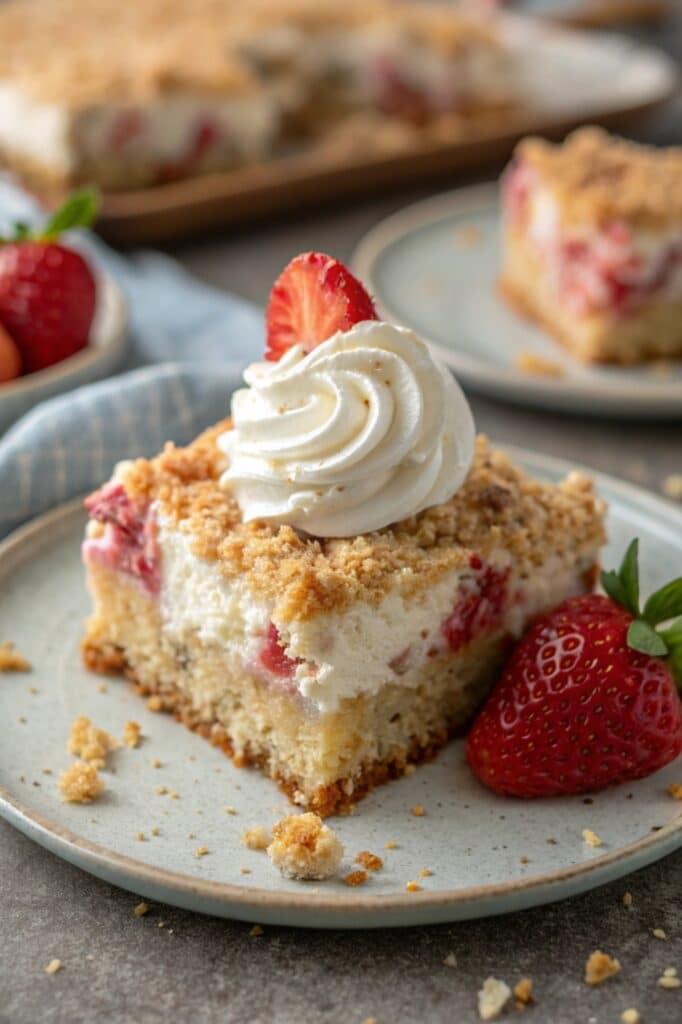 Served slice of strawberry crunch tres leches cake