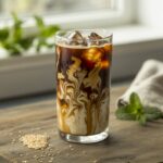 Glass of tahini iced coffee with ice and swirl