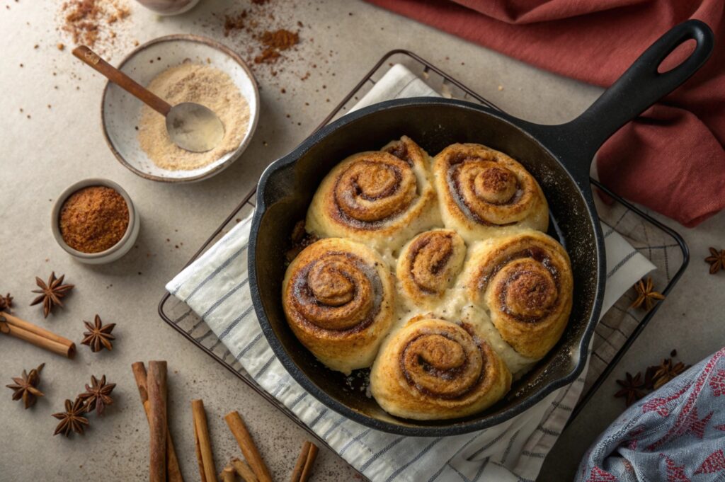 Skillet with golden tortilla cinnamon rolls