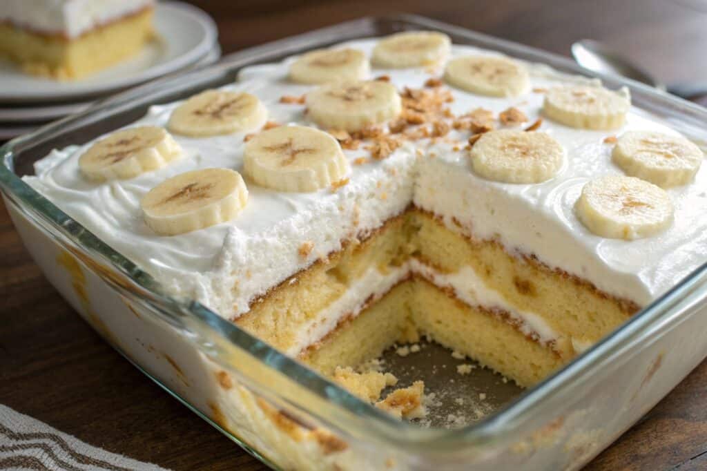 Sliced tres leches banana pudding cake in dish