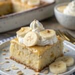 Served slice of tres leches banana pudding cake