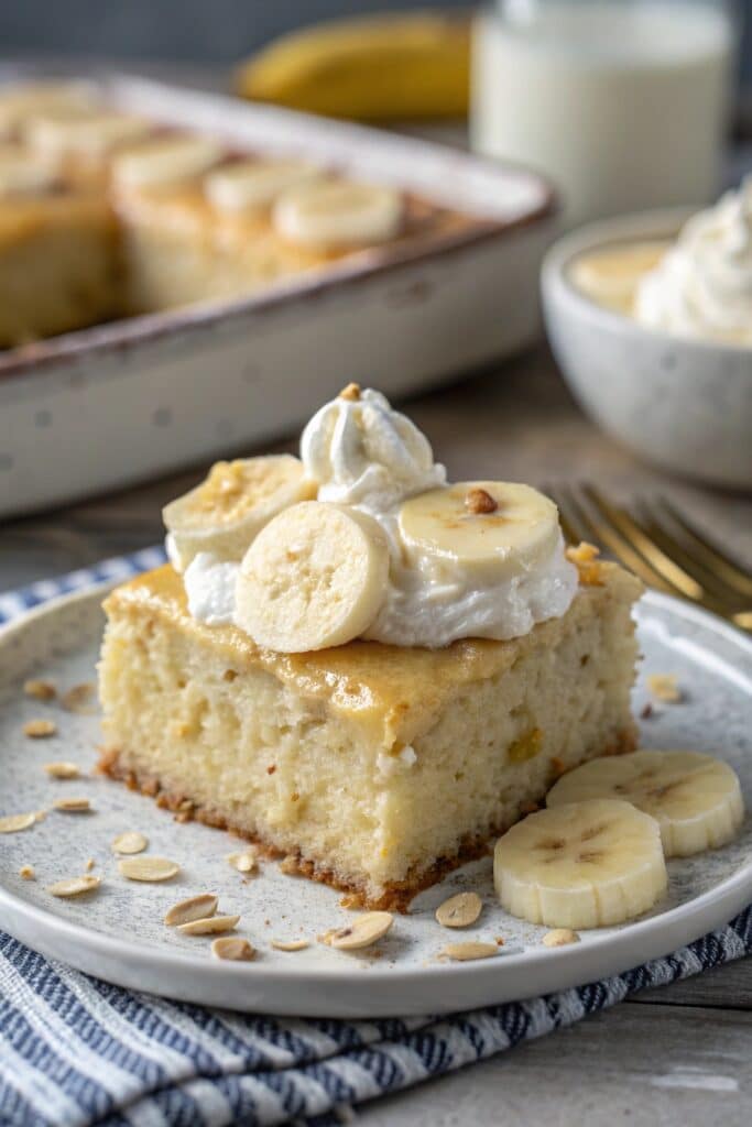 Served slice of tres leches banana pudding cake