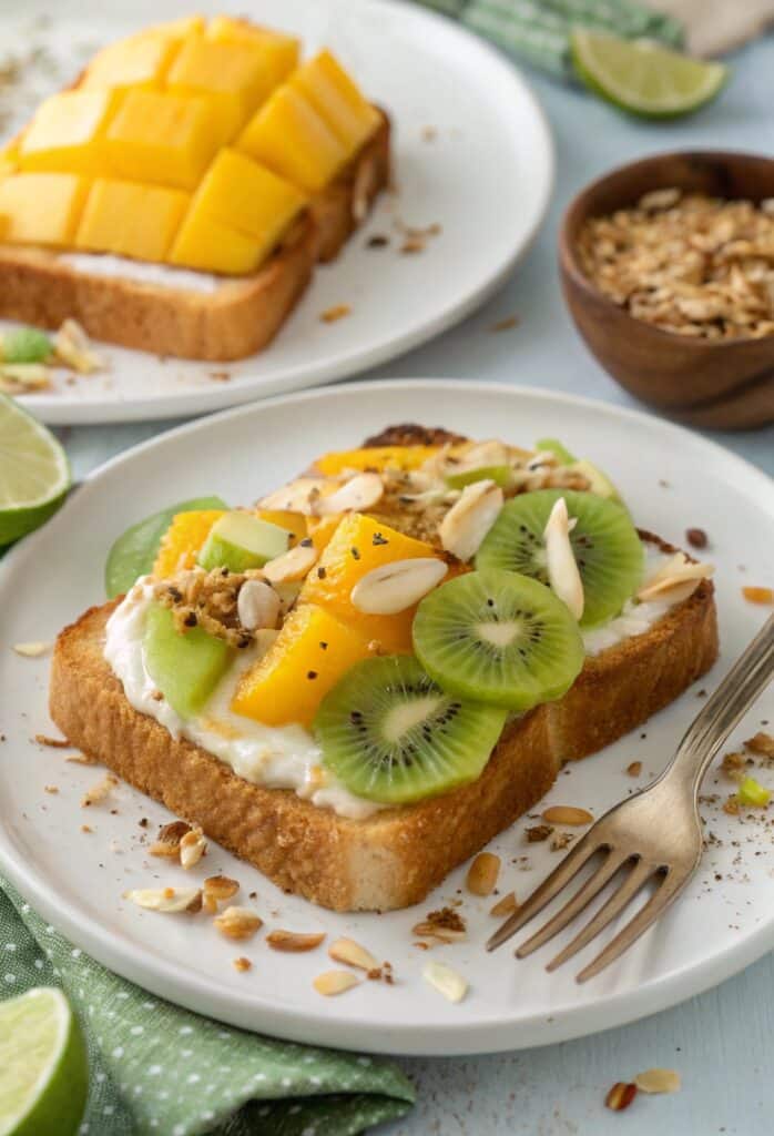 Served tropical custard toast with toppings