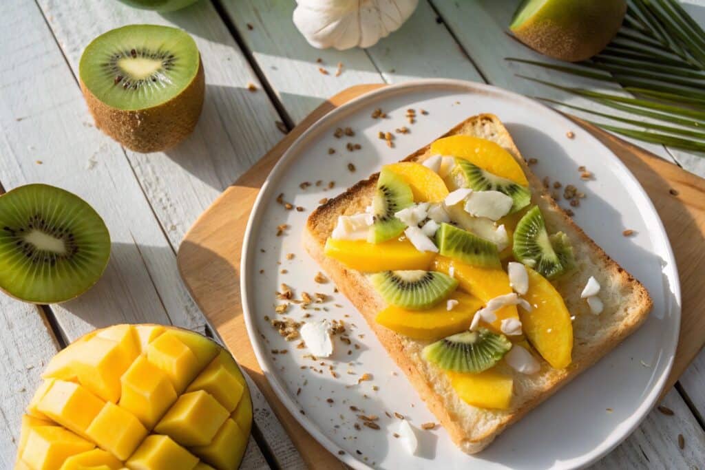 Tropical custard toast with mango and coconut