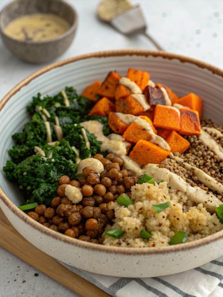 Plated high-protein vegan bowl with tahini and sweet potato