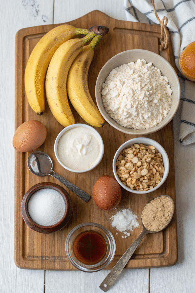 Ingredients for banana cottage cheese pancakes laid on wooden board