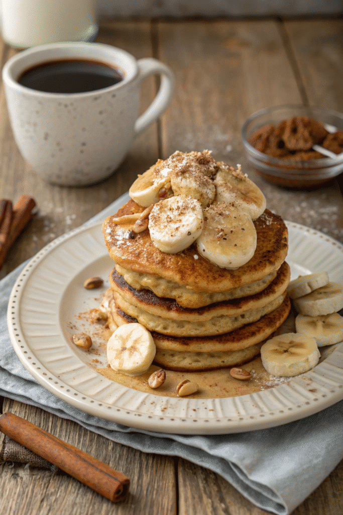 Served banana cottage cheese pancakes with toppings