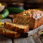 Banana zucchini cake loaf sliced on rustic table