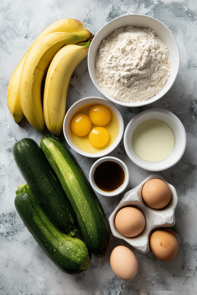 Banana zucchini cake ingredients on marble