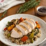Sliced boneless chicken breast with rice and vegetables