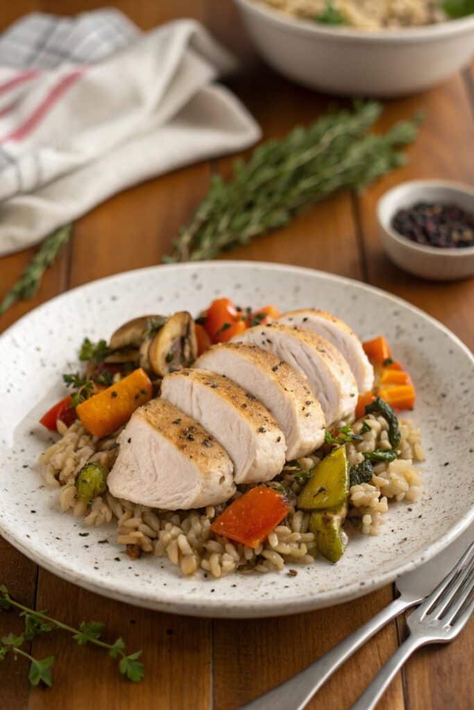 Sliced boneless chicken breast with rice and vegetables